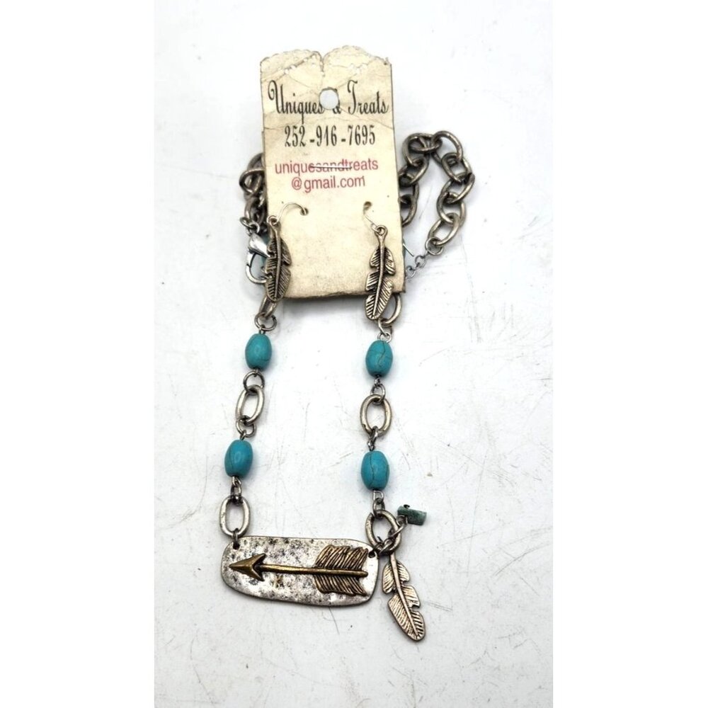 Silver Tone Chain With Earrings Native American Style, Metal Feather Earrings, F
